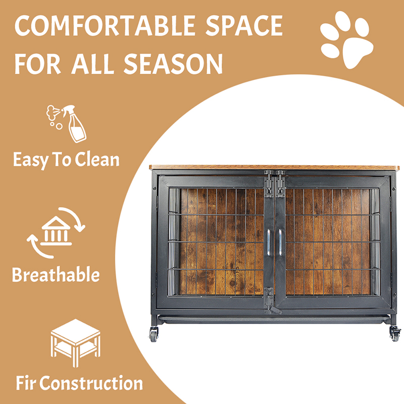 Houten meubelstijl hondenkooi met wielen Houten meubelstijl hondenkooi met wielen