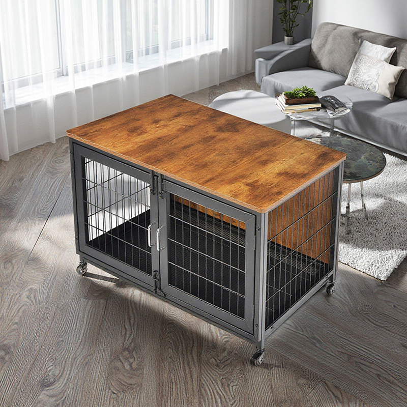 Houten meubelstijl hondenkooi met wielen Houten meubelstijl hondenkooi met wielen