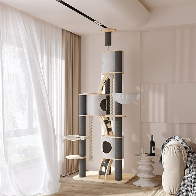 Torenbodem tot plafond binnen vaste houten klimframe kattenboom Torenbodem tot plafond binnen vaste houten klimframe kattenboom