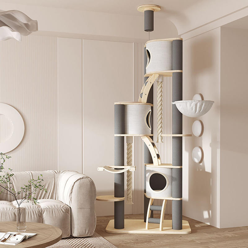 Torenbodem tot plafond binnen vaste houten klimframe kattenboom Torenbodem tot plafond binnen vaste houten klimframe kattenboom