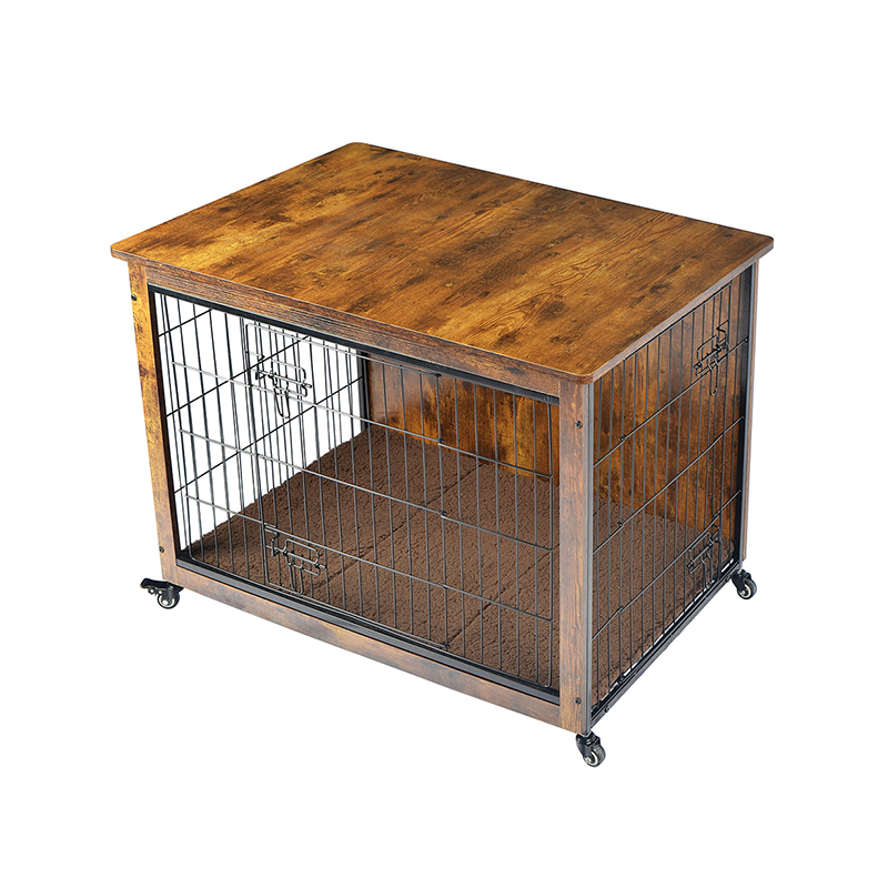 Binnen houten meubelstijl hondenkooi met kussen en wielen Binnen houten meubelstijl hondenkooi met kussen en wielen