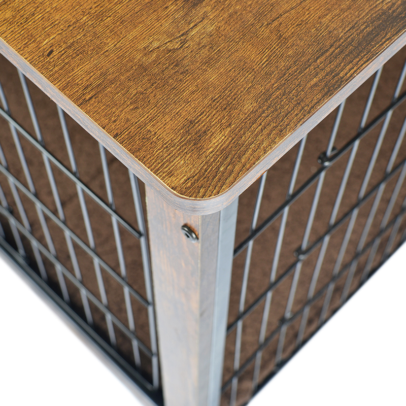 Binnen houten meubelstijl hondenkooi met kussen en wielen Binnen houten meubelstijl hondenkooi met kussen en wielen