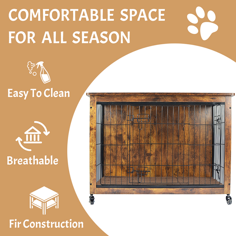 Binnen houten meubelstijl hondenkooi met kussen en wielen Binnen houten meubelstijl hondenkooi met kussen en wielen