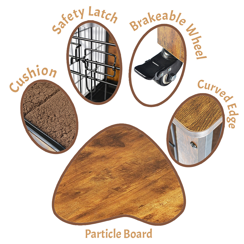 Binnen houten meubelstijl hondenkooi met kussen en wielen Binnen houten meubelstijl hondenkooi met kussen en wielen