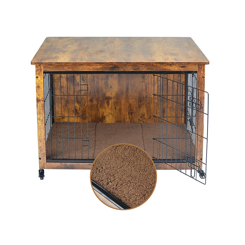 Binnen houten meubelstijl hondenkooi met kussen en wielen Binnen houten meubelstijl hondenkooi met kussen en wielen