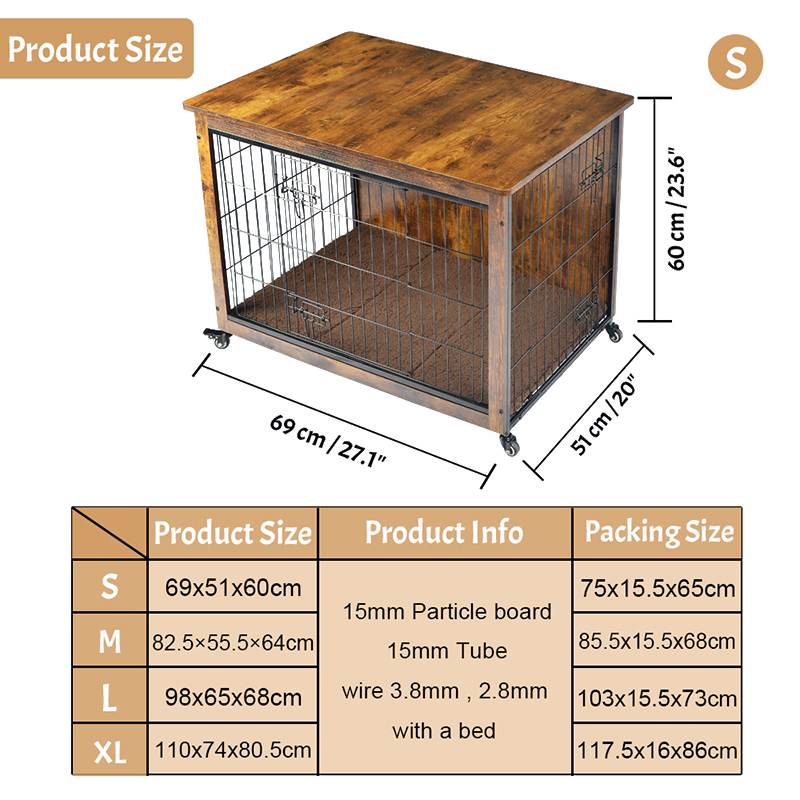 Binnen houten meubelstijl hondenkooi met kussen en wielen Binnen houten meubelstijl hondenkooi met kussen en wielen