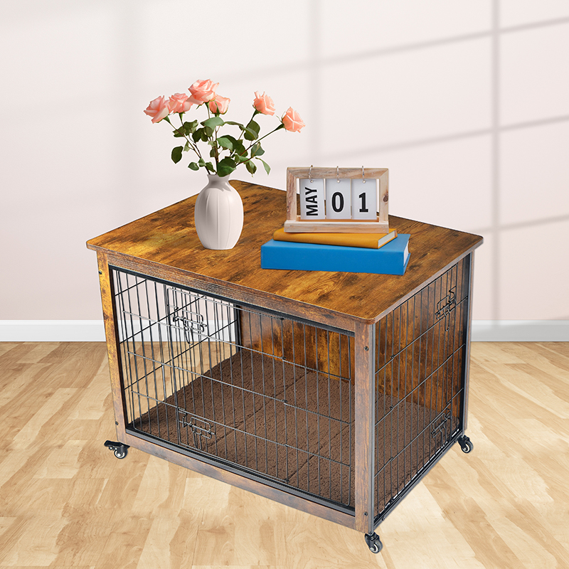 Binnen houten meubelstijl hondenkooi met kussen en wielen Binnen houten meubelstijl hondenkooi met kussen en wielen