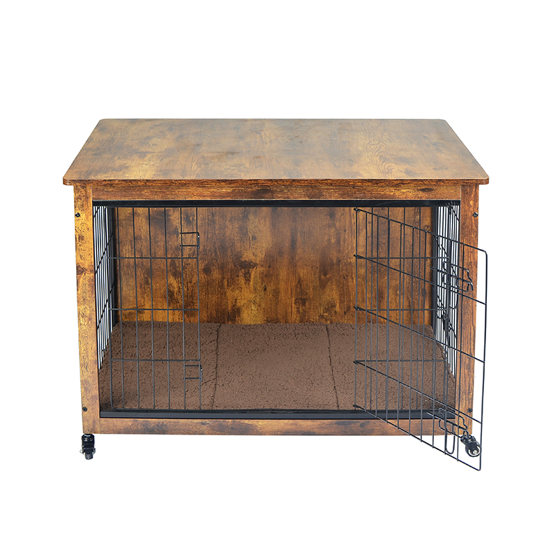 Binnen houten meubelstijl hondenkooi met kussen en wielen Binnen houten meubelstijl hondenkooi met kussen en wielen