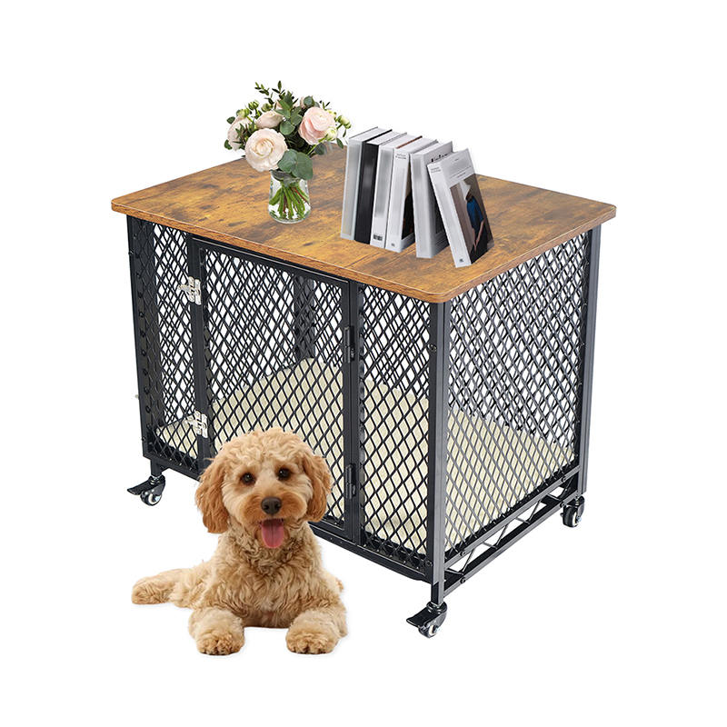 Meubelstijl grote houten hondenkooi met wielen en kussen Meubelstijl grote houten hondenkooi met wielen en kussen