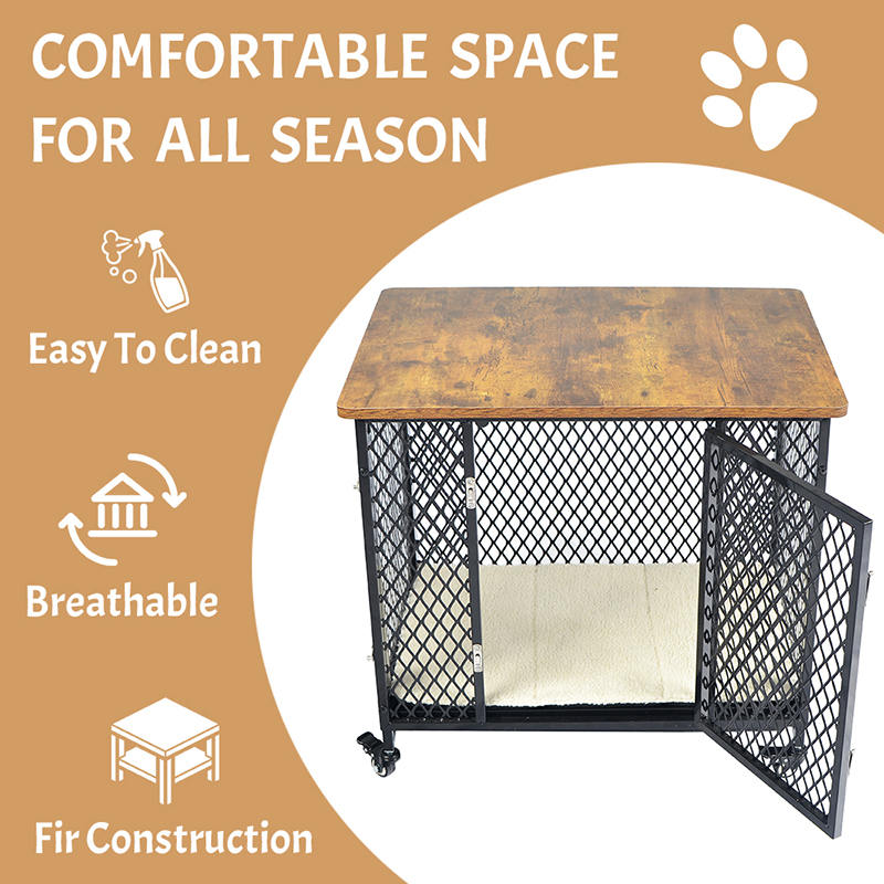 Meubelstijl grote houten hondenkooi met wielen en kussen Meubelstijl grote houten hondenkooi met wielen en kussen