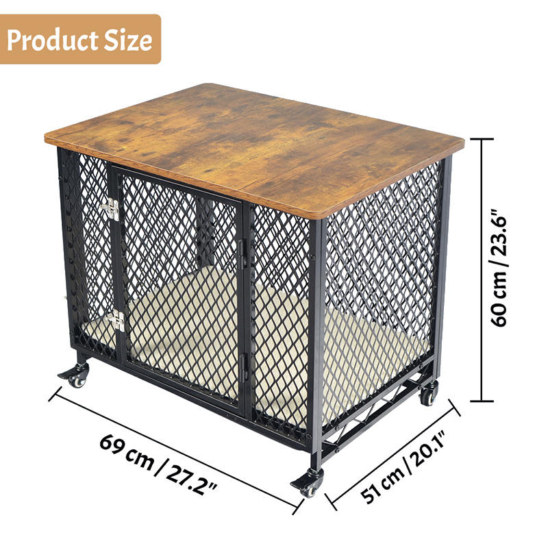 Meubelstijl grote houten hondenkooi met wielen en kussen Meubelstijl grote houten hondenkooi met wielen en kussen