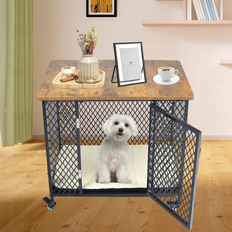 Meubelstijl grote houten hondenkooi met wielen en kussen Meubelstijl grote houten hondenkooi met wielen en kussen