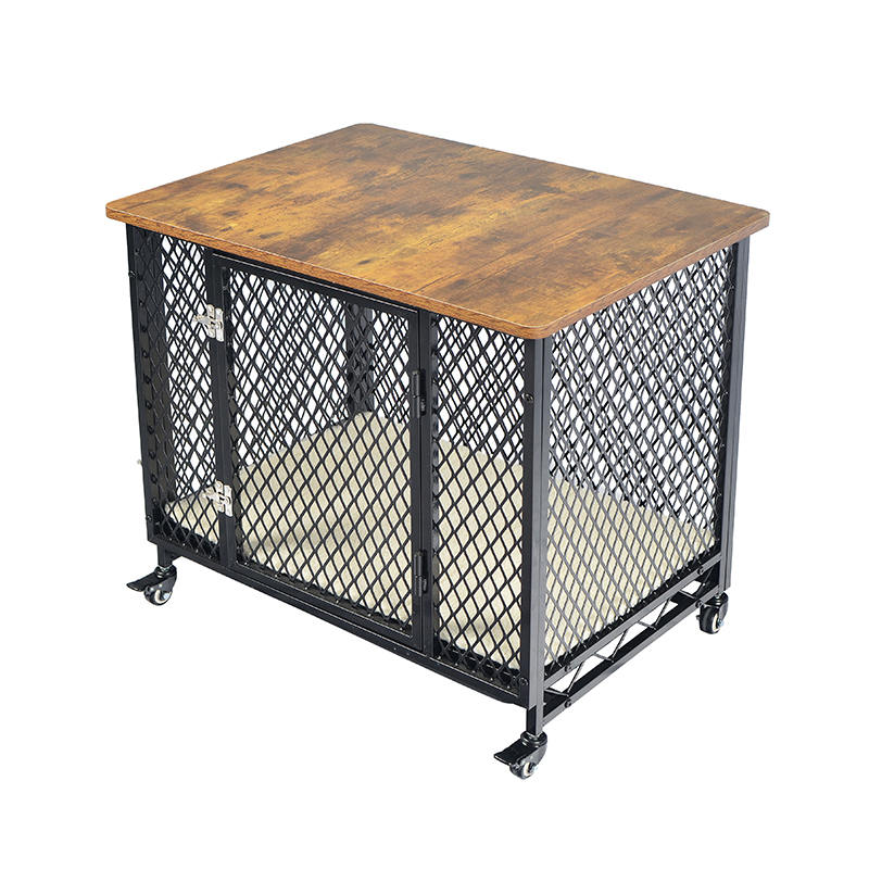 Meubelstijl grote houten hondenkooi met wielen en kussen Meubelstijl grote houten hondenkooi met wielen en kussen