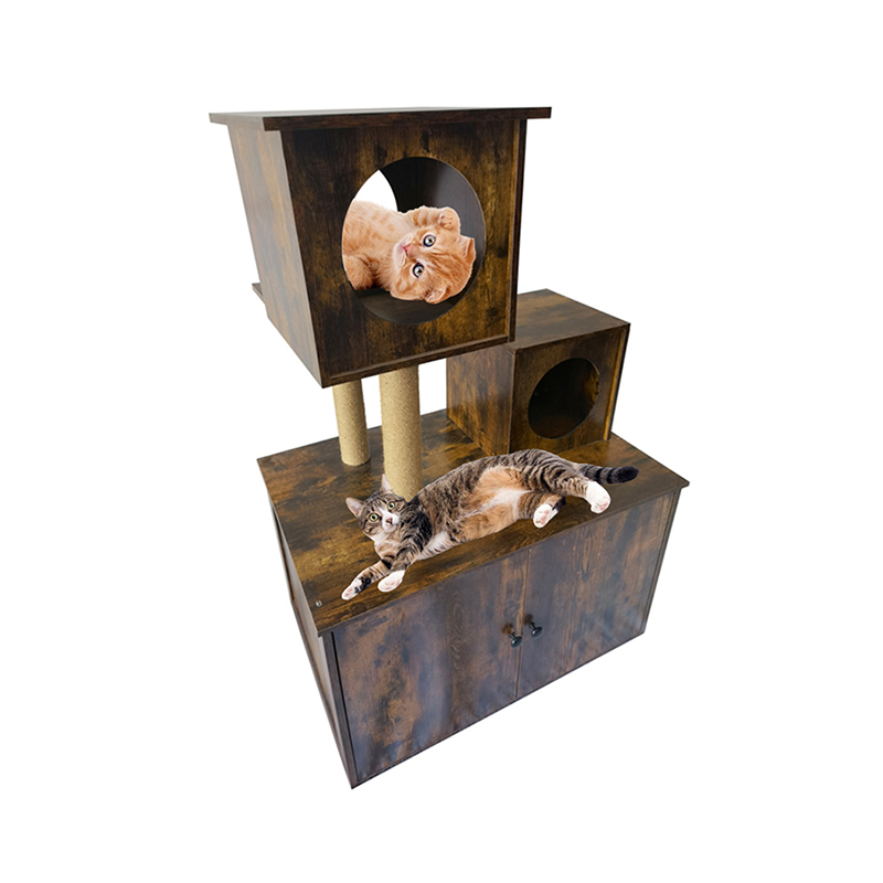 Houten kattenhuis toren toren binnen kattenboom klimframe met kattenbak Houten kattenhuis toren toren binnen kattenboom klimframe met kattenbak