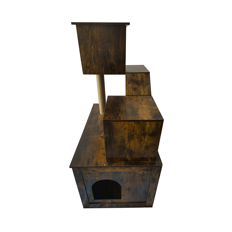 Houten kattenhuis toren toren binnen kattenboom klimframe met kattenbak Houten kattenhuis toren toren binnen kattenboom klimframe met kattenbak
