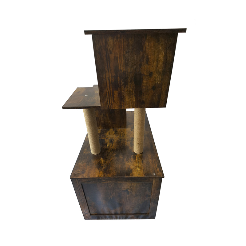 Houten kattenhuis toren toren binnen kattenboom klimframe met kattenbak Houten kattenhuis toren toren binnen kattenboom klimframe met kattenbak