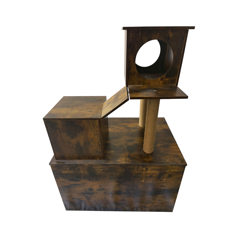 Houten kattenhuis toren toren binnen kattenboom klimframe met kattenbak Houten kattenhuis toren toren binnen kattenboom klimframe met kattenbak