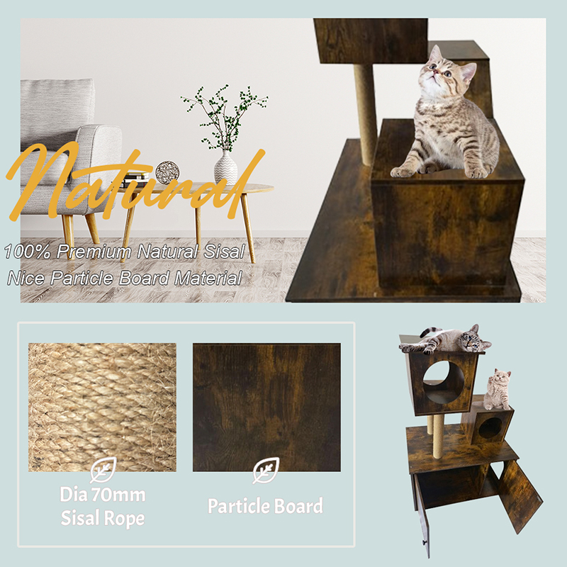 Houten kattenhuis toren toren binnen kattenboom klimframe met kattenbak Houten kattenhuis toren toren binnen kattenboom klimframe met kattenbak