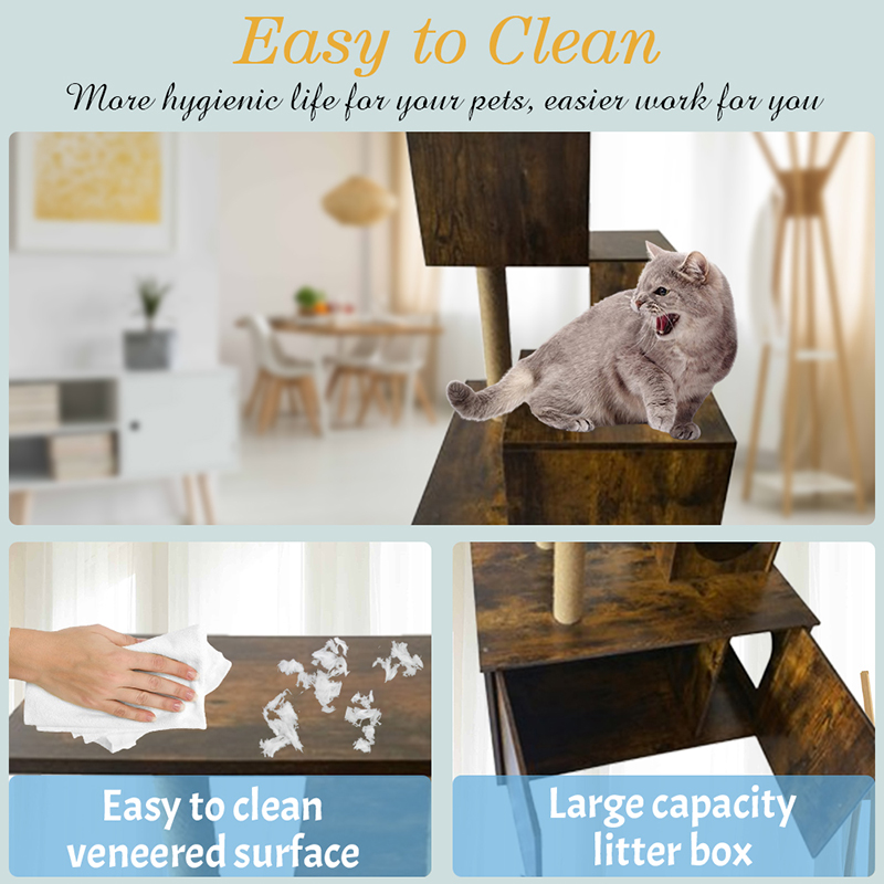 Houten kattenhuis toren toren binnen kattenboom klimframe met kattenbak Houten kattenhuis toren toren binnen kattenboom klimframe met kattenbak