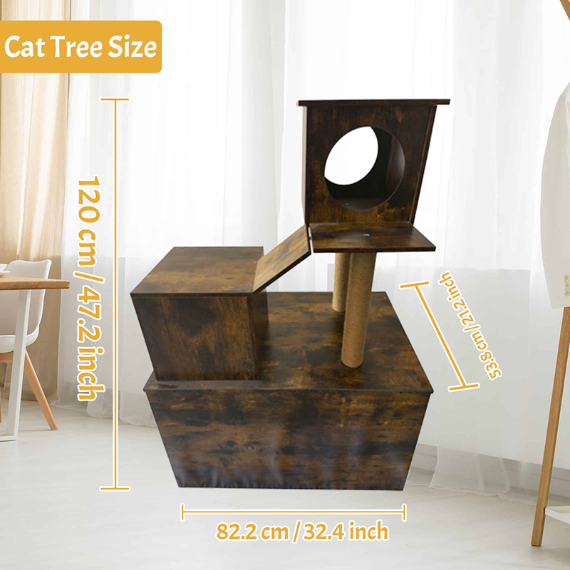 Houten kattenhuis toren toren binnen kattenboom klimframe met kattenbak Houten kattenhuis toren toren binnen kattenboom klimframe met kattenbak