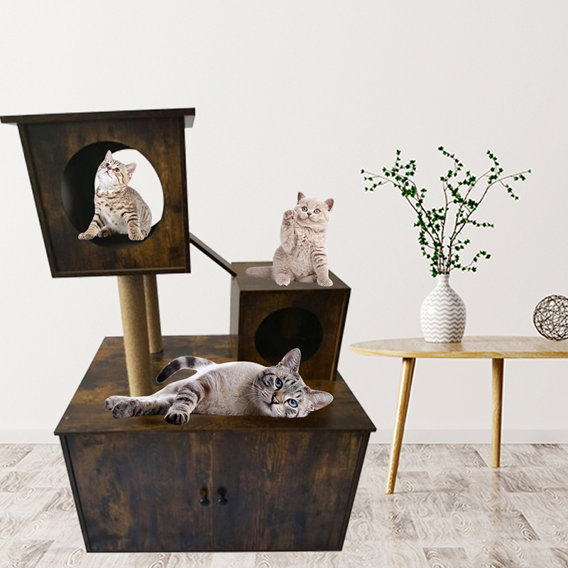 Houten kattenhuis toren toren binnen kattenboom klimframe met kattenbak Houten kattenhuis toren toren binnen kattenboom klimframe met kattenbak