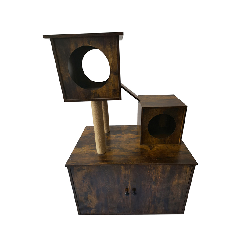 Houten kattenhuis toren toren binnen kattenboom klimframe met kattenbak Houten kattenhuis toren toren binnen kattenboom klimframe met kattenbak