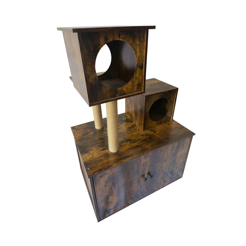 Houten kattenhuis toren toren binnen kattenboom klimframe met kattenbak Houten kattenhuis toren toren binnen kattenboom klimframe met kattenbak