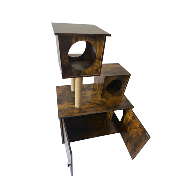 Houten kattenhuis toren toren binnen kattenboom klimframe met kattenbak Houten kattenhuis toren toren binnen kattenboom klimframe met kattenbak