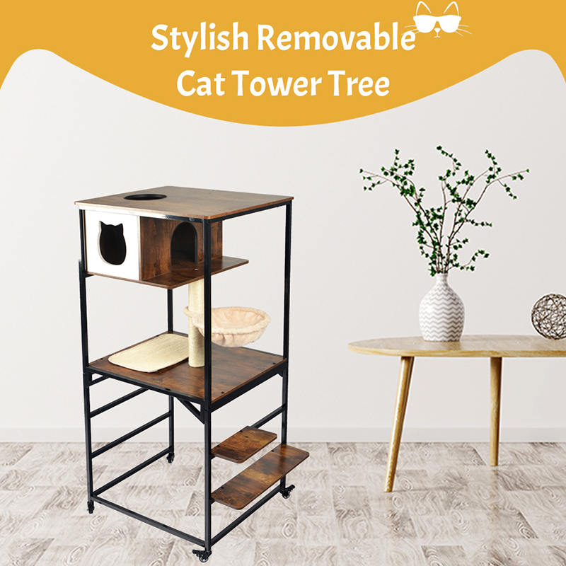 Modern Wood & Metal Cat Tree Indoor Tower Condo met hangmat Modern Wood & Metal Cat Tree Indoor Tower Condo met hangmat